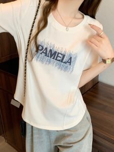 Plus Size Womens Stylish Fishbone Line Silm Print Letter Shoulder Short Sleeve T-shirt Womens Plus Size Ladies Slim Fit Slimming Tops