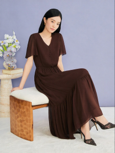 YINER | French Elegant V-Neck 100 Silky Folded Waist Cinching Dress