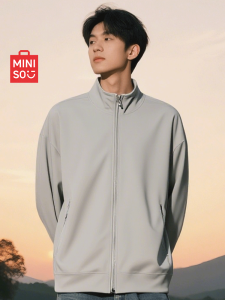 Light Grey Zipper Cardigan Mens Autumn Stand Collar Jacket Casual Sporty American Style Loose Fit Pure Color Polyester Fiber