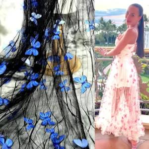 High Quality Black Transparent Blue 3D Butterfly Flower Lace Mesh Fabric Wedding Dress Fashion Costume Designer Embroidery Tulle