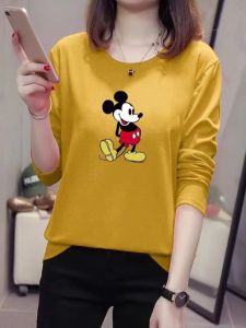 เสื้อยืดคอกลมแขนยาวผ้าฝ้ายแท้สำหรับผู้หญิง ฤดูใบไม้ผลิและฤดูใบไม้ร่วง สไตล์เกาหลี เสื้อเชิ้ตแฟชั่นลำลอง เสื้อเชิ้ตหลวมๆ ที่สวมใส่สบาย