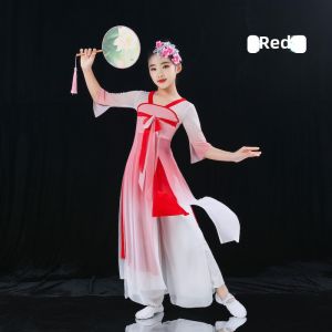 Kids Classical Dance Costume Exercise Clothing Chinese Style Han Costume Childrens Ethnic Dance Skirt Elegant Clothing Spring and Summer
