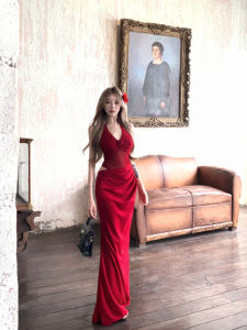 Red Flower Print Backless Neckline Summer Dress Womens Fitted Long Skirt Design Sensation Body Contouring Gown Korean Style