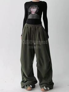 MUYUZI | Khaki Winter Loose Fitting High Waist Adjustable Casual Pants