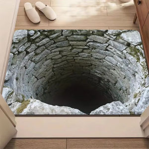 Stone Built Water Well 3D Visual Flat Pattern Design Floor Mat for Household Bathroom Door Absorbent Non Slip Flannel Foot Mat