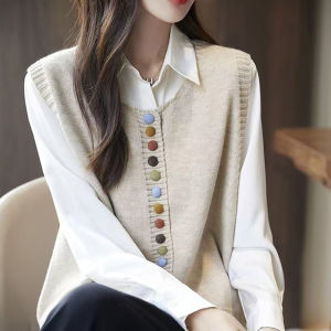 Womens Knitted Sleeveless Vest Vintage Style Cardigan Autumn New Fashion Layered Cotton Blend Regular Thickness round Neck