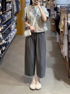 ฤดูร้อน แฟชั่น ลำลอง ผู้หญิง พลัสไซส์ เสื้อเชิ้ตแขนสั้นชุดสองชิ้นขากว้าง กางเกง ใส่สบาย มีสไตล์ Ensemble