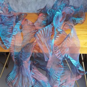 Color Gradient Lace Fabric with Pleats Performance Costume Material Ogeen Gauze Seven Color Laser Sheer Lotus Leaf Edge