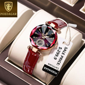 POEDAGAR นาฬิกาหรูหราสำหรับกันน้ำสำหรับผู้หญิงของแท้สไตล์เกาหลีหนังแท้บางเฉียบดีไซน์คริสตัลเพชรนาฬิกาข้อมือผู้หญิง