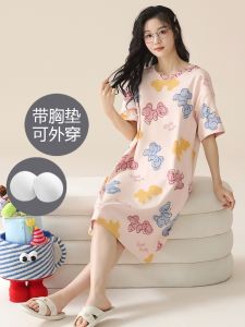 Pure Cotton Sleep Dress with Chest Pad Womens Summer Thin Short Sleeve Cute Cartoon Print Sleepwear Korean Style Outdoor Wearable