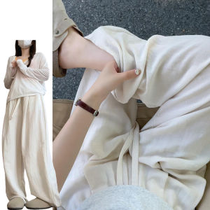 กางเกงกีฬาเอวยางยืดสไตล์เกาหลีสำหรับผู้หญิง ฤดูร้อน 2025 กางเกงขายาวทรงหลวมเอวสูงแบบใหม่ กางเกงขายาวทรงหลวมสไตล์เกาหลี