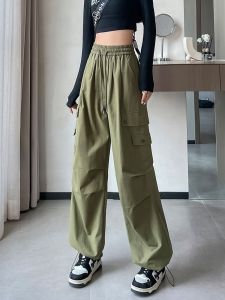 LANGPIN | Military Green Work Pants Womens High Waist Wide Leg Straight Cut Casual Two-Way Wear American Retro Sports Pants