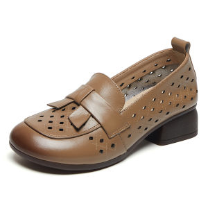 Genuine Leather Tendon Sole Mother Shoes Summer Sandals Thick Heel Cut Out Flats Soft Bottom Breathable Non Slip Hole Shoes Middle-Aged and Elderly Peoples Shoes