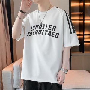 ROMON | Romon Ice Silk Short Sleeve T-Shirt Mens Summer Thin Casual Loose Fit Breathable Printed Round Neck Top Trendy Versatile Light Weight