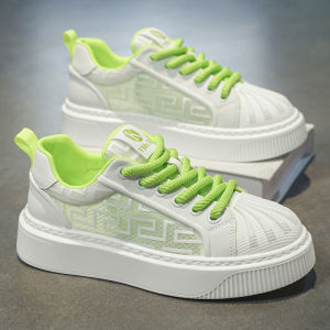 Mens Sporty Casual Shoes Breathable Mesh Thick Bottom Heightening Trendy White Shell Toe Flat Laced Outdoor Leisure Footwear