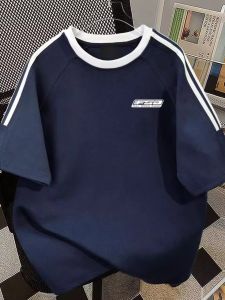 Heavyweight Pure Cotton Hong Kong Style Simple Letter Three Bars Dark Blue Short Sleeve T-Shirt Men Summer Trend Loose Student Top