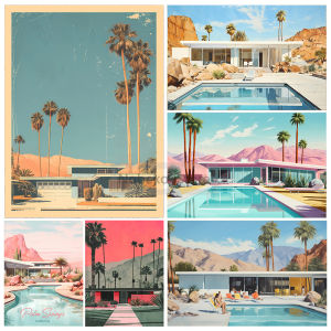 1pc Frameless Retro Palm Springs Pool Villa Poster California Travel Desert Landscape Prints Canvas Painting Wall Art Pictures H