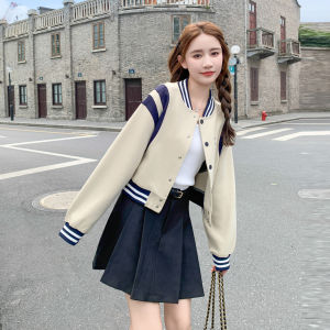 Moccasin Color American Style Short Knitted Baseball Jacket Womens Autumn New Style Slimming Versatile College Style Coat