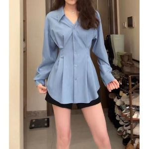 เสื้อเชิ้ตแขนยาวทรงเข้ารูปสำหรับผู้หญิงไซส์ใหญ่ ดีไซน์เก๋ไก๋ กระโปรงเอวสูง สไตล์ฝรั่งเศส ผ้าฝ้ายระบายอากาศได้ดี ฤดูใบไม้ร่วง