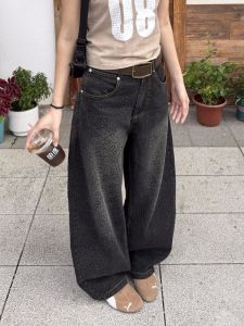 XFX American Retro Loose Leopard Print Wide Leg Jeans Women High Street Casual Long Pants Knife Edge Zipper Pocket Deep Color