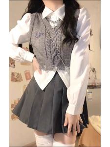 College Style Womens Knitted Vest Shirt Pleated Skirt Three Piece Set Autumn Winter New Arrival Short Size Fashion Ensemble