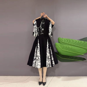 plus Size Retro French Style Cheongsam Dress Waist Cinched Stand Collar Tiled Skirt Commuter Korean Style A-line Long Dress