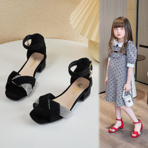 Princess Style Girls High Heel Sandals Soft Bottom Summer Shoes Trendy Kids Footwear Magic Tape Closure Rubber Sole