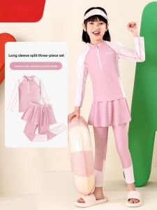 Childrens Two-Piece Swimsuit Long Sleeve Thermal Swimming Set Girls Junior High School Student Style Sportswear Fitness Fan Gear