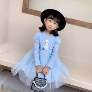 Anak Perempuan Frozen Elsa Dicetak Tulle Princess Dress Anak Lengan Panjang Elsa Gaun Pesta