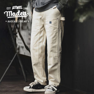 Maden brand Tooling Style 2023 new Tough Guy Men Gentleman Japanese Retro Distressed Loose Beige Jeans Washed Straight Multi Pocket Men Lumberjack Pants
