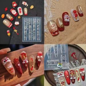 Transparent Silicone Nail Art Mold New Year Lucky Cat Lion Dance Fireworks Fortune Bag Ingots Butterfly Knot 3D Decoration Mold