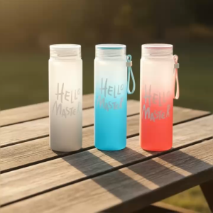 Bình Nước Thủy Tinh Gradient HELLO MASTER 450ml – Màu Pastel Thân Mờ Hàn Quốc