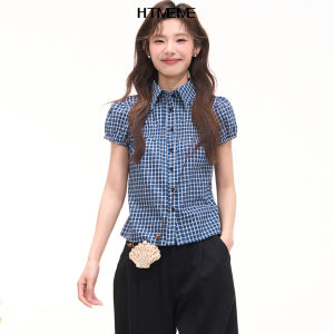 HTMEME | Áo Blouse Tay Ngắn Đa Năng Họa Tiết Caro