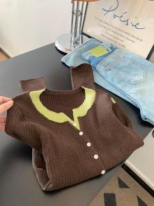 Korean Style Short Knitted Cardigan Womens Slim Fit Color Block Sweater 2025 Autumn New Arrival Vintage Soft Long Sleeve Top