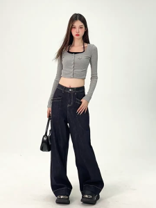 Denim Blue Stretchy Wide-Legged Jeans for Women High-Waisted Loose Fit Slimming Straight-Leg Casual