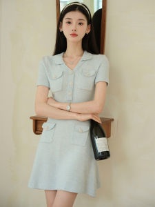 Cotton V-Neck Pullover Dress for Women Tweed Style ChillCozy Old Money Thousand Gold with Waist Gathering Short Sleeves
