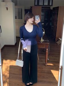 Áo Thun Dệt Kim Dài Tay Cổ Chữ V Cỡ Lớn Mùa Thu Mới Về Cơ Bản Có Đệm Vai Áo Lót