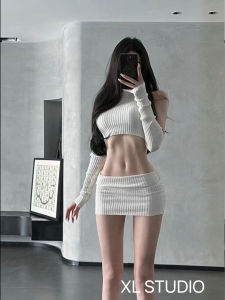 High Waist Knitted Vest Long Sleeve Baring Belly Womens Fashion Set Spring 2025 round Neck Two-Piece Short Skirt Outfit