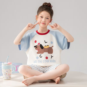 miiow | Pure Cotton Childrens Sleepwear Set Short Sleeve Shorts Home Clothes Cartoon Style Girls Summer Fashionable Sleepwear