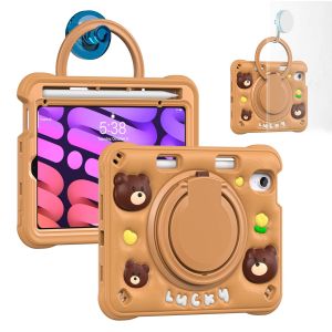 For iPad Mini 6 Mini 7 A17 Pro 2024 Soft Silicone Shockproof Heavy Duty Rugged Cartoon Kids Case With 360° Rotating Hand Ring Kickstand Holder Come With Shoulder Strap Compatible With iPad Mini 6 Mini 7