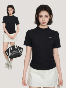 BAIDAIFEI | Áo Thun Tay Ngắn Cổ Đứng Mở Nửa Slim Fit Cho Nữ Màu Đen