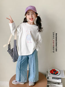 Girls Long Sleeve T-Shirt Spring Autumn Cartoon Print Children Base Shirt Casual Standard Fit Rabbit Pattern round Neck Top
