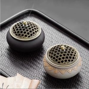 🛒 Incense Burner Hollow Out Lid Ceramic Incense Burner Incense Stick Holder / Incense Coil Retro Zen Multi-purpose Aromatherapy Stove 香炉 檀香 陶瓷香爐 盘香 送小葫芦