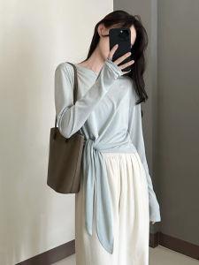 Loose Long Sleeve Blue T-Shirt Womens Thin Spring Summer New Lazy Style Sun Protection Cover up Top Korean Version Straight Cut