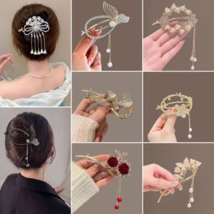 Chinese Ancient Style New Chinese Pearl Diamond Hair Clip Womens Clip Pendant Updo Hair Claw Toothed Twisted Hair Clip Headdress