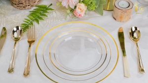 Cabani Plastic Plate GRC Clear Goldrim Party Dinner Plates 25pcs Pack Reusable Disposable Great for Weddings Anniversary