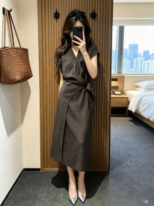 LIRUSHAN | French Style High Quality Grey V-Neck Slimming Dress