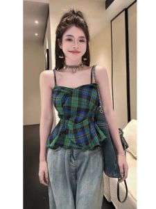 French Unique Mini Strap Vest Women Summer Elegant Waist Cinching Sleeveless Outerwear Lace Trim No-Sleeve Top Plaid Shirt