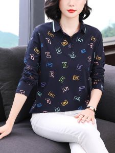 Fashionable Pure Cotton Long Sleeve Polo Shirt Womens Loose Fit T-Shirt Turn-down Collar Age-defying Belly Covering Top