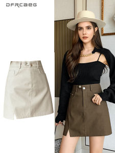 Korean Style Coffee Autumn Winter Button Pencil Skirt For Women High Waist Slim Short PU Leather Mini Skirts Lady